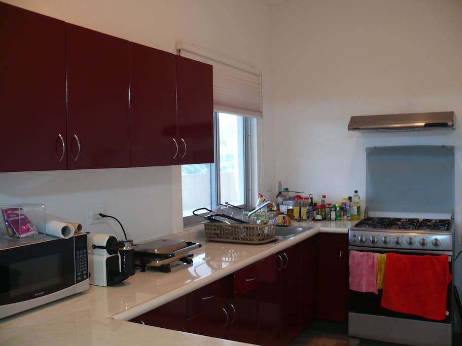 La cocina esta integrada con estufa, microondas, y todo lo que necesitas para cocinar, platos, cubiertos sartenes etc