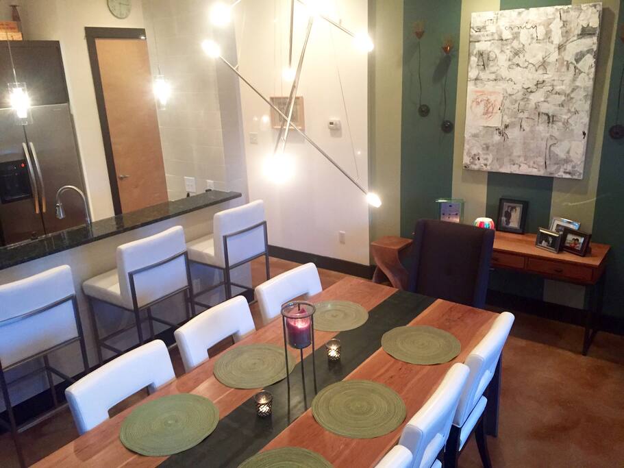 Close-up of dining room and kitchen island bar seating