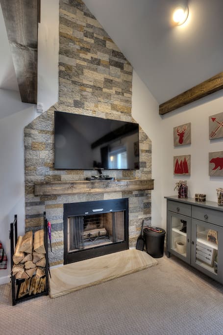 Real wood burning stone fireplace