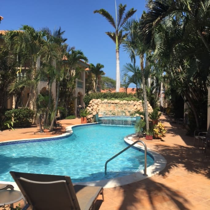 Gorgeous waterfall pool in the middle of the complex.