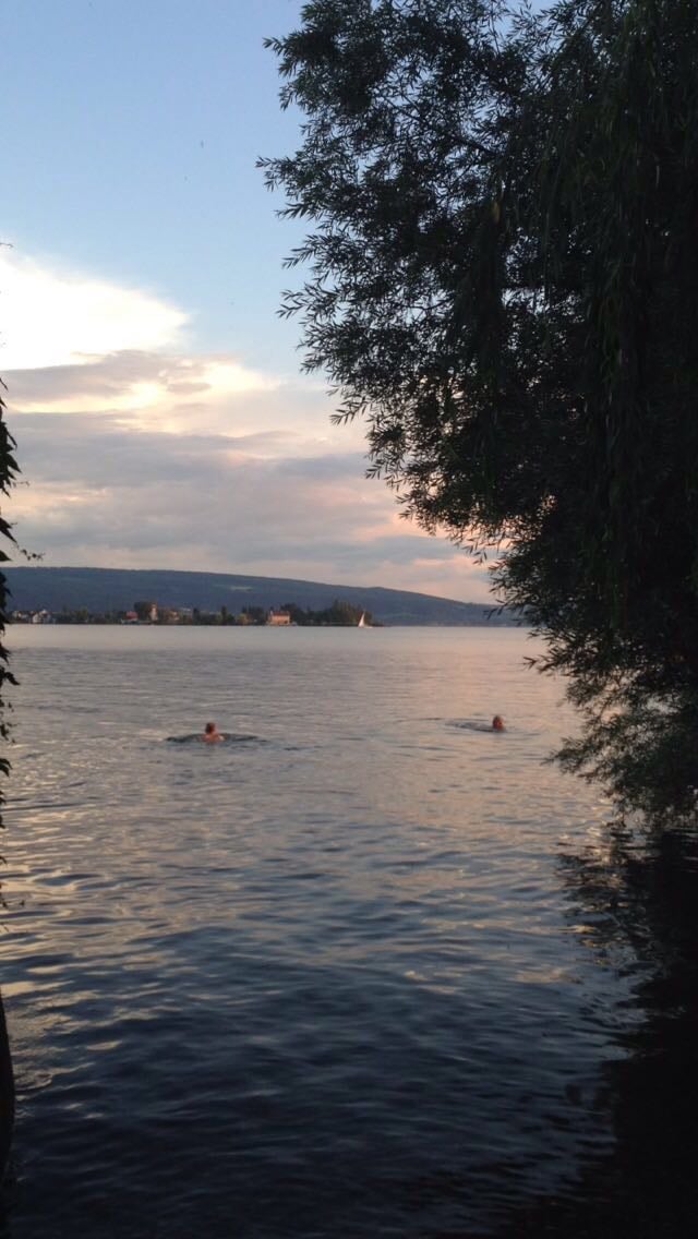The image captures a serene waterscape at dusk, featuring two swimmers in the foreground. Natural greenery frames the view, while the horizon reveals soft hills and a hint of a distant sailboat, all under a cloudy sky transitioning from day to night.