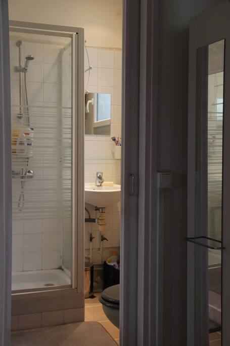 Petite salle de douche avec wc.
Fenêtre donnant sur cours permet d'aérer.