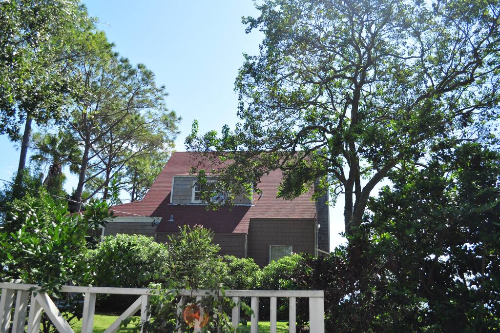 Front of the house, surrounded by trees and a garden.
