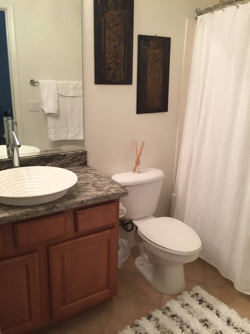 Spa like bathroom with granite countertops, vessel sink, new blush towels, oversized shower head. Blow dryer, shampoo, body soap supplied.