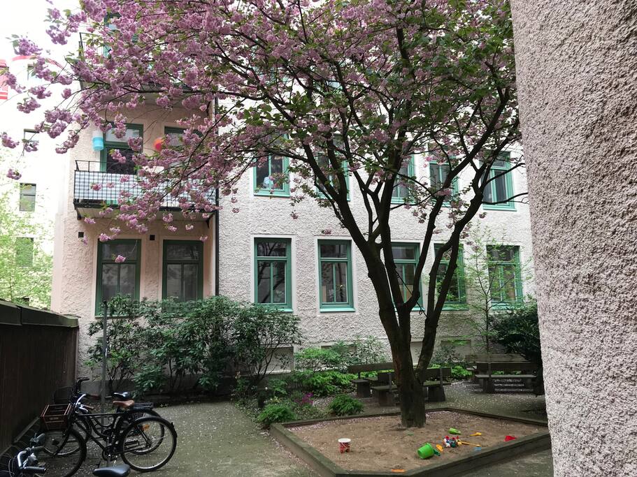 The apartment faces a calm courtyard