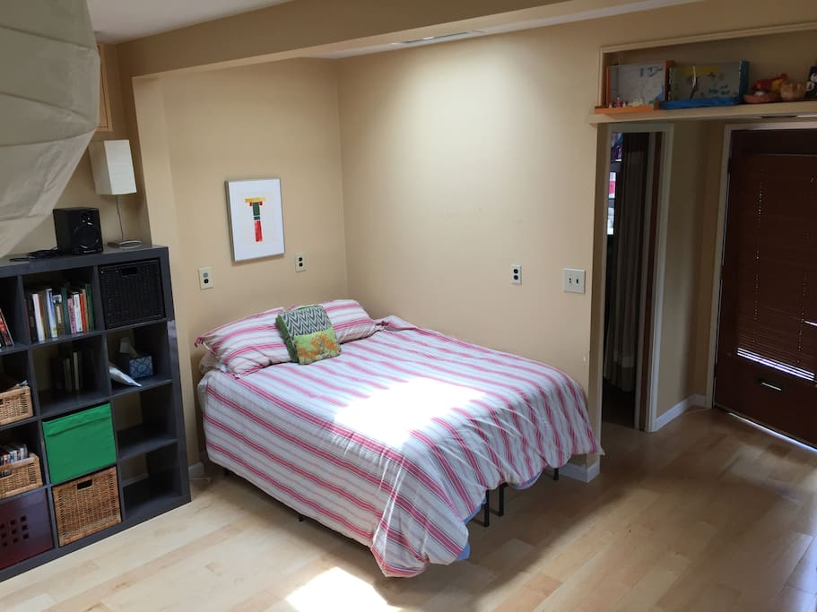 Comfy full size bed with memory foam mattress topper