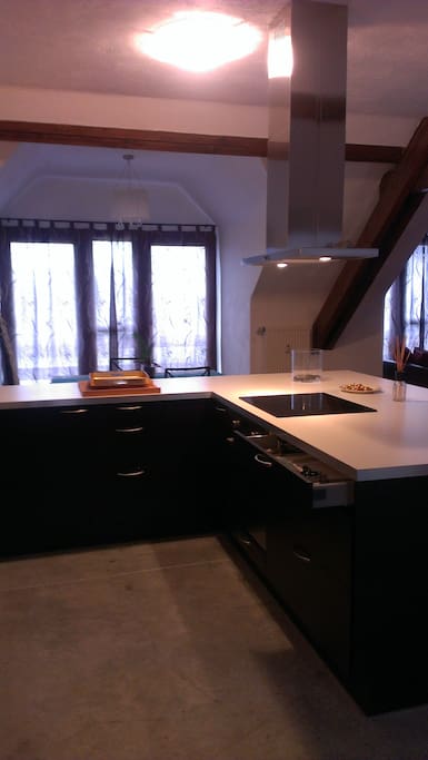 Spacious double width open kitchen.
