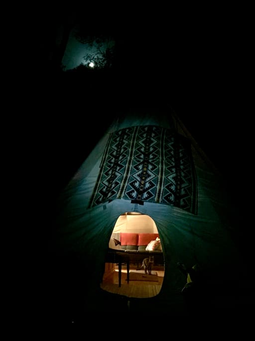 Tepee under a full moon through the oak trees