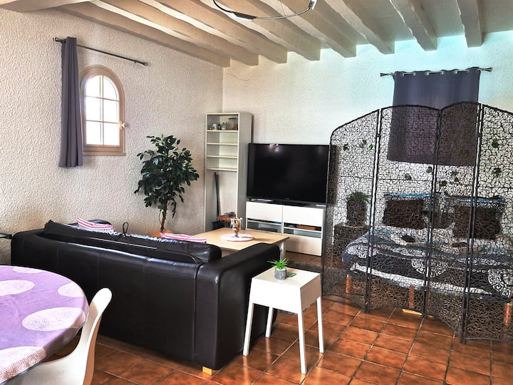 BEDROOM 2 called DORTOIR DES POTES sofa bed 140 by 190 + sofa bed 140 by 190 + folding bed 90×180; total capacity 5 people. Kitchenette, bar, table, desk and large screen TV. Pool and jacuzzi access. 