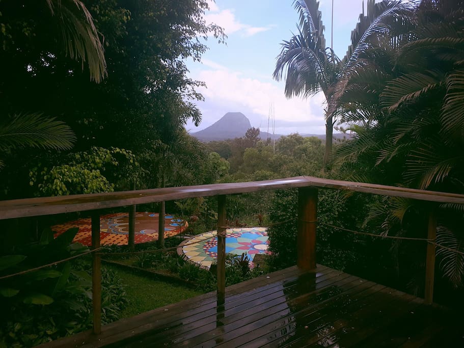 View of Mt Cooroora from verandah, overlooking our yoga mandalas