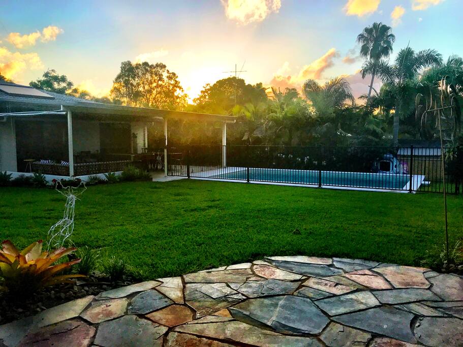 Sunset over pool, perfect for an afternoon beverage