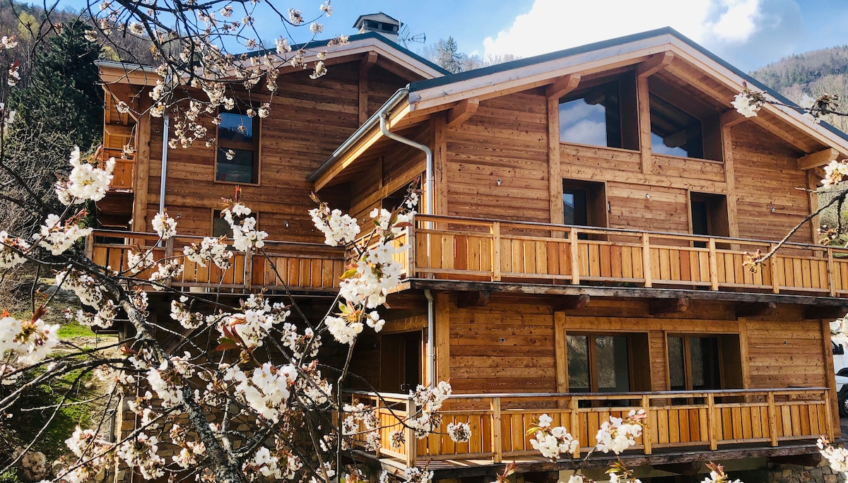 The exterior of the chalet displays warm wooden materials, complemented by several balconies. Blossoming flowers frame the foreground, enhancing the natural setting. Bright sunlight illuminates the structure, highlighting the large windows and rustic charm of the Alpine architecture.