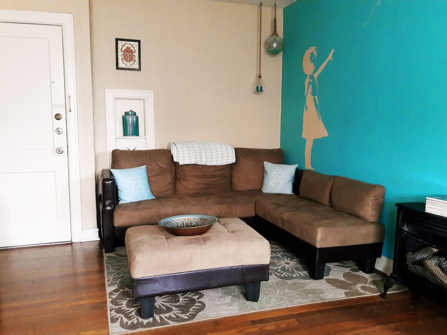 Front door and living room