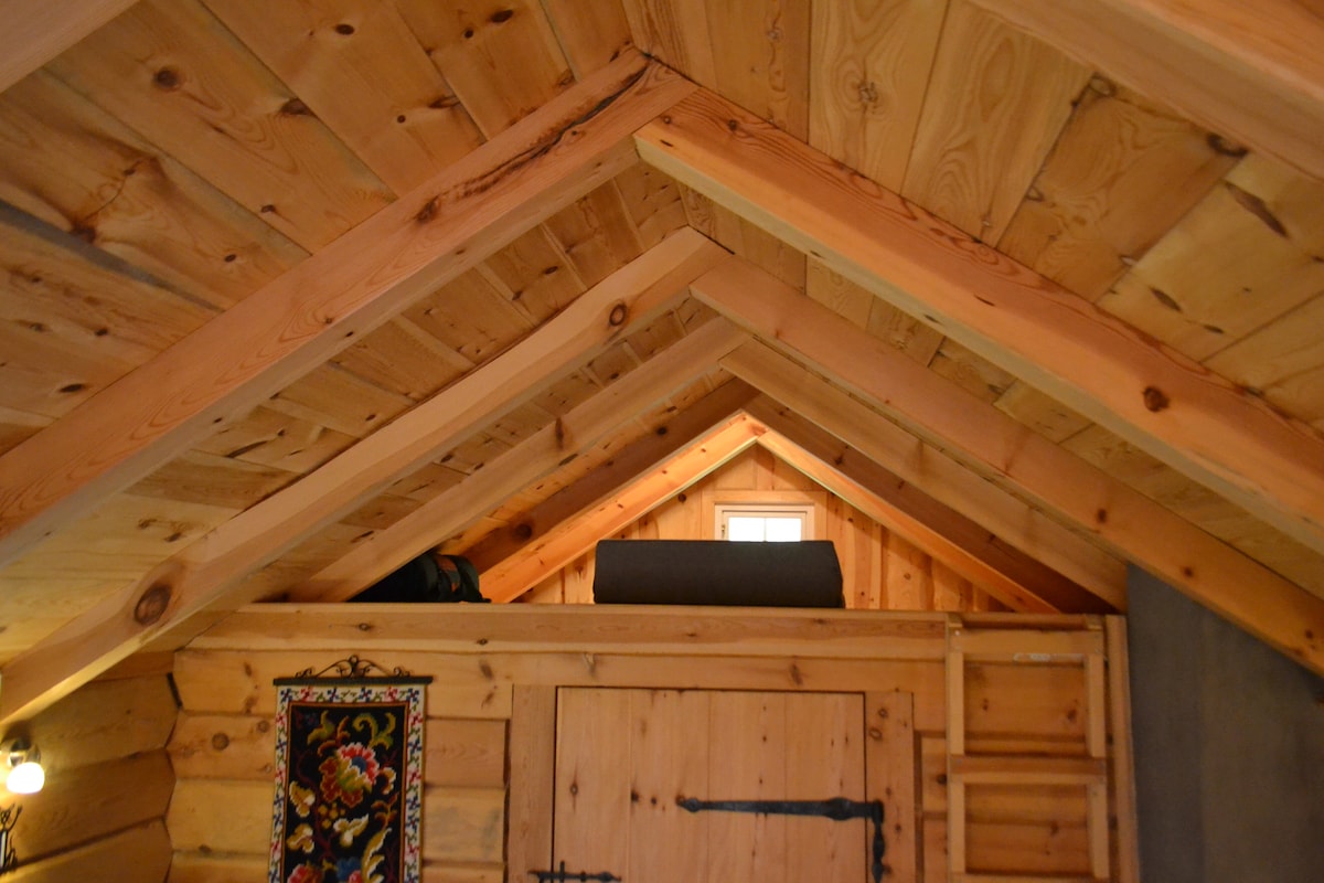The interior of the cabin features exposed wooden rafters with a vaulted ceiling, providing an open and rustic atmosphere. A small loft area is visible, designed for sleeping, above the main space, with a cushioned surface placed along the back wall.