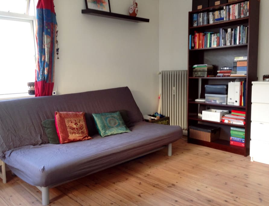 The sofa-bed functions as a sofa during the day.. The books are mainly in Danish and English.
