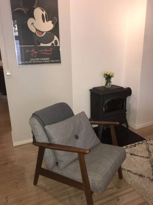 Lounge chair and fireplace