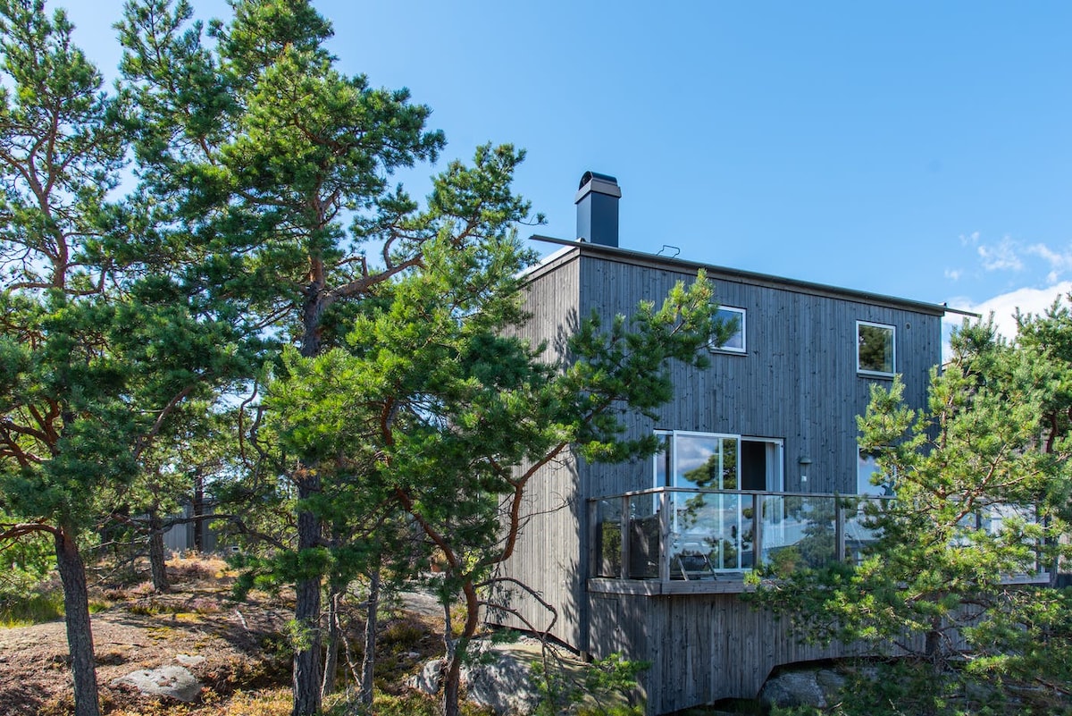 A modern wooden house is nestled among pine trees, showcasing a balcony that enables views of the surrounding landscape. Large glass windows provide natural light, and a chimney is visible atop the structure. The setting conveys a sense of privacy and connection with nature.