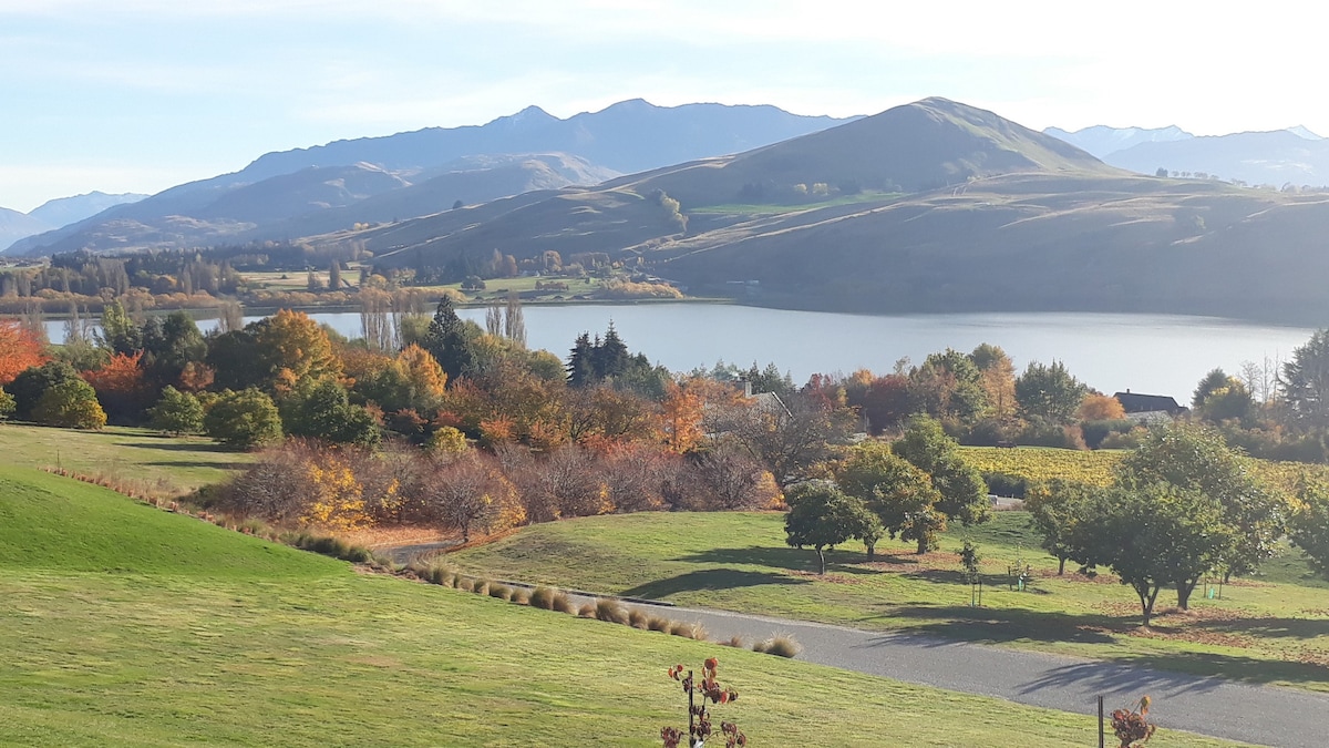 A serene view of Lake Hayes is presented, framed by rolling hills and towering mountains in the distance. Vibrant autumn foliage colors the landscape, with trees dotting the grassy areas. The lake reflects the surrounding scenery under a clear blue sky.