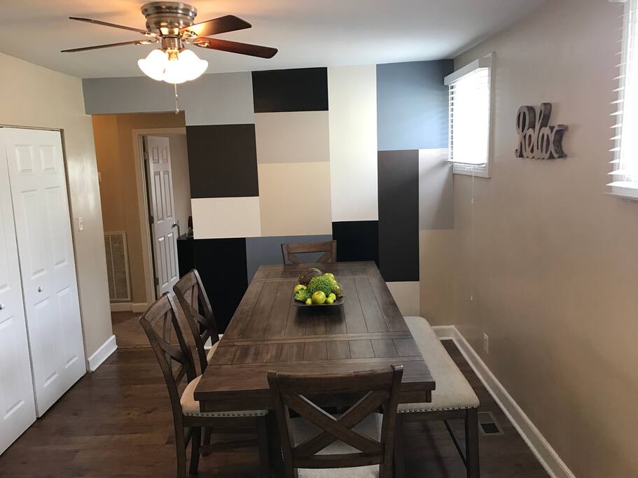 Large dinning room table with bench great gathering place or work space
