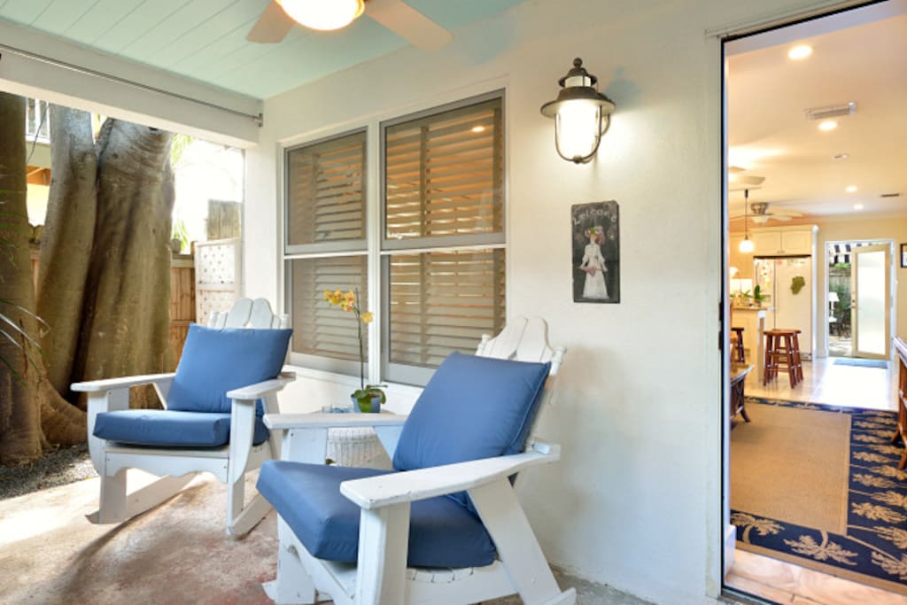 Private front porch with 2 vintage rocking chairs