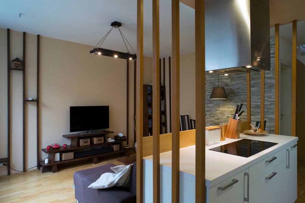 Living room with kitchen.