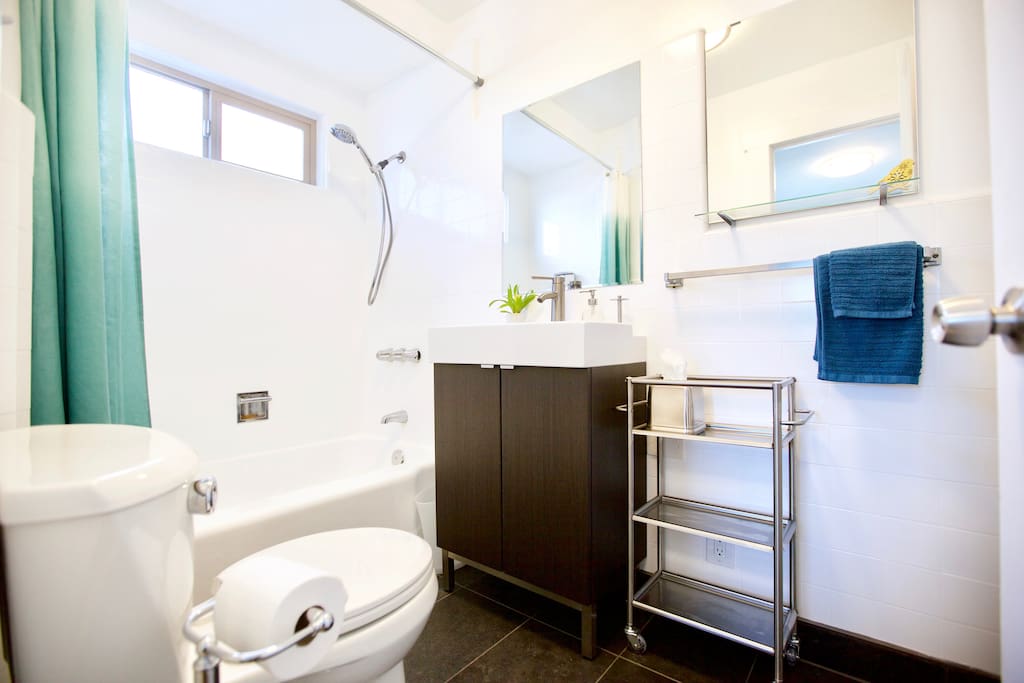 Light and bright full bath. Perfect for two people with double mirrors and added counter space with the stainless steel bar cart.