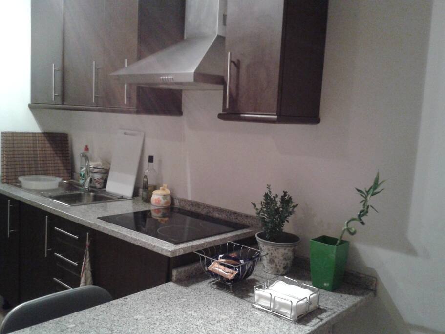 Cocina moderna con micro-ondas y vitrocerámica en la planta baja del loft. / Modern kitchen with microwave and vitroceramic downstairs.
