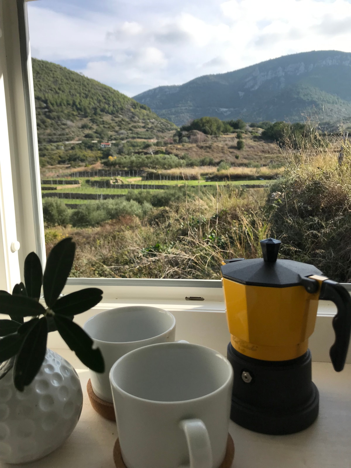 A scenic view from a window features lush green mountains in the background. Two white cups are positioned alongside a yellow coffee maker on a light surface, complemented by a small potted plant. Natural light brightens the area, enhancing the tranquil atmosphere.