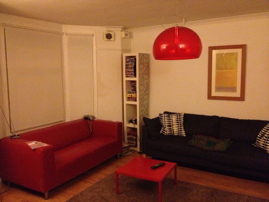 Large bright living room with double sofa bed.