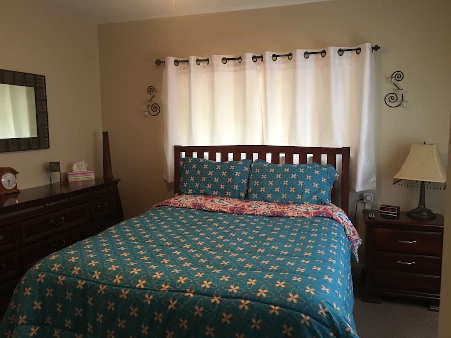 Bedroom with comfy queen bed and flat screen TV with 100+ channels.