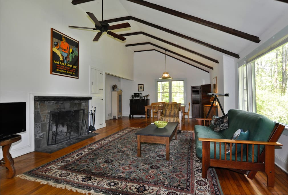 The great room has cathedral ceilings