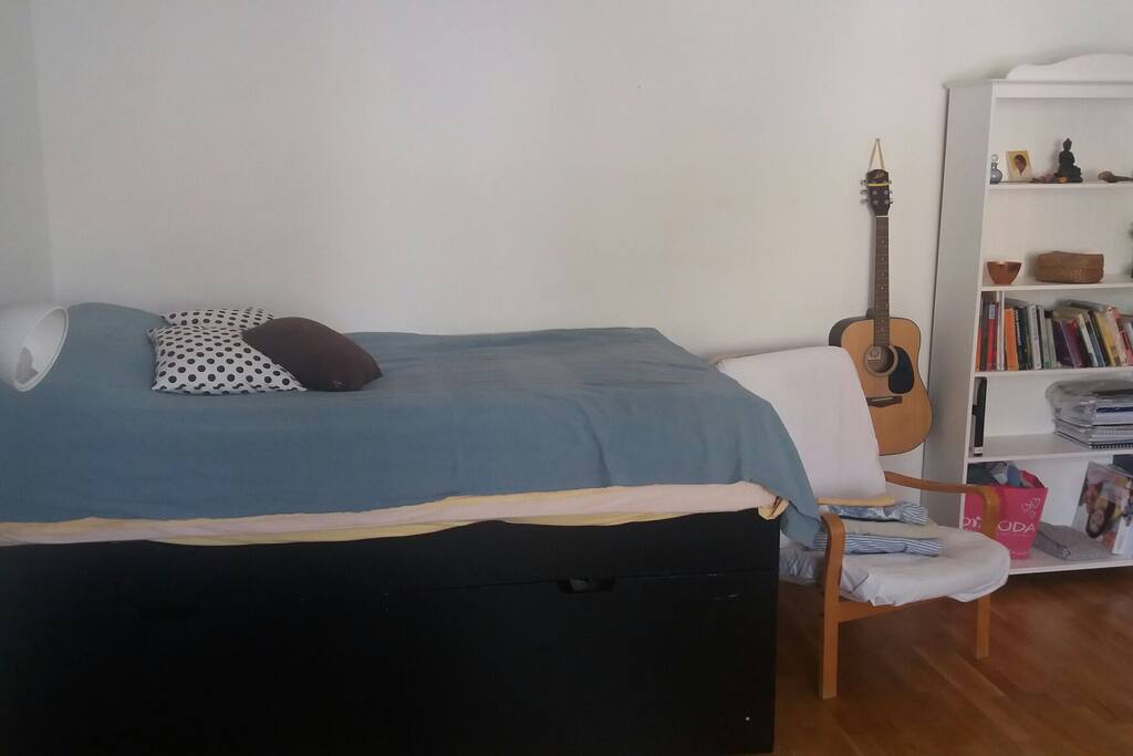 120cm wide bed with 2 boxes for storage underneath.