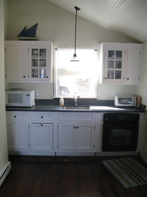 New kitchen with limestone counters