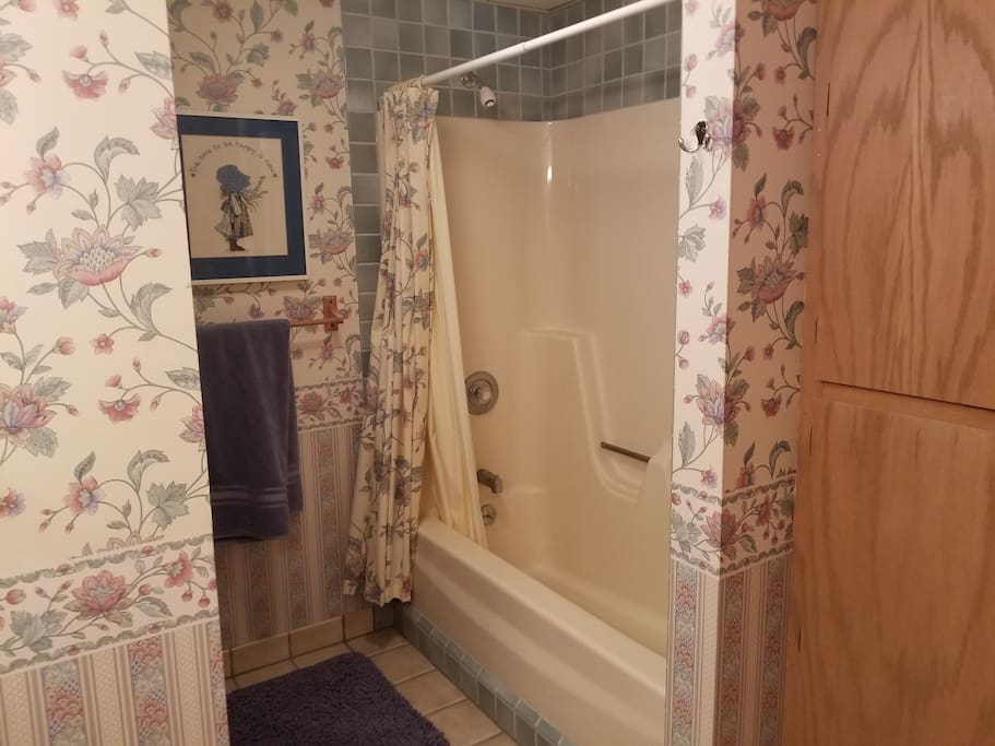 Bathroom with shower, tub, double vanity.