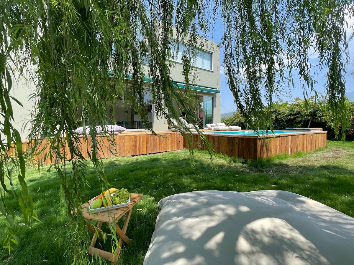 A sunlit outdoor space features a landscaped area with a natural salt-water pool surrounded by wooden decking. A comfortable seating arrangement is positioned nearby, complemented by a small table displaying fresh fruit. Lush greenery, including a large willow tree, frames the view.