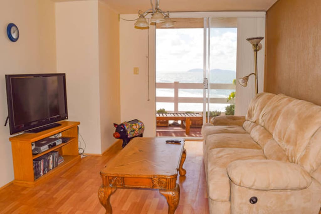 Living room and deck, Coronado Islands visible.