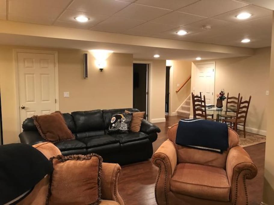 Spaces room to relax on a comfy leather or cloth couch to enjoy a good book or watch sports or a Hallmark movie.