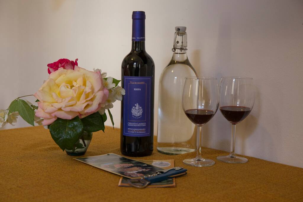 eine Flasche Wasser und unser Chianti Classico Riserva zur Begrüßung