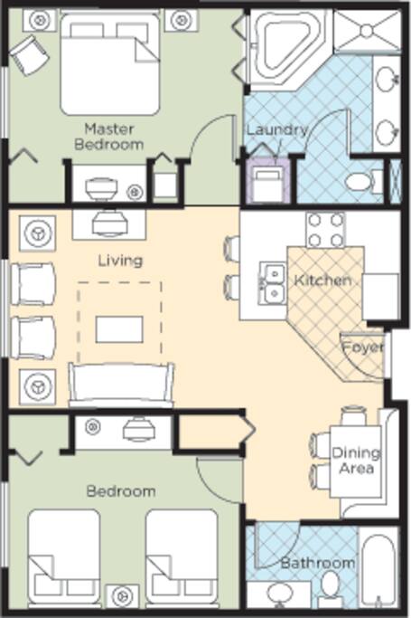 Floor Plan of two bedroom. Second bedroom can be either 1 bed or 2 bed's.