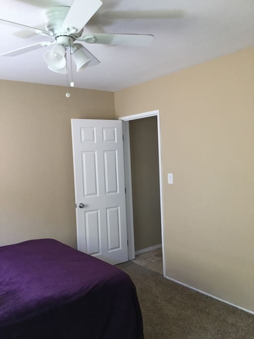 Door to the living room.
Ceiling Fan with light fixture.