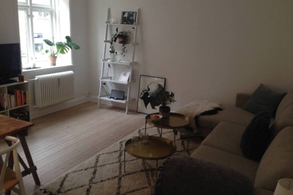 Living room with big couch, dining table and television