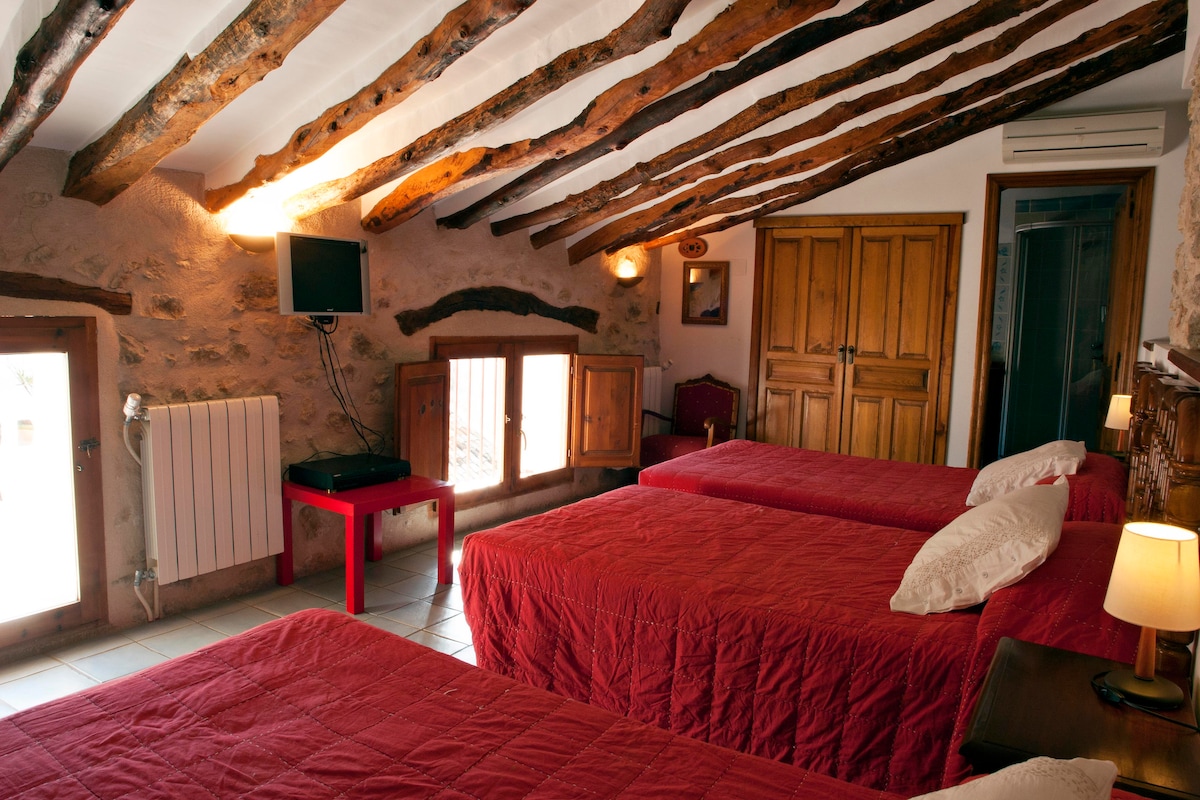 A cozy bedroom equipped with three spacious beds, each dressed in red blankets. Exposed wooden beams adorn the ceiling, complemented by a television mounted on the wall. Natural light enters through two open windows, and a wooden cabinet provides storage.