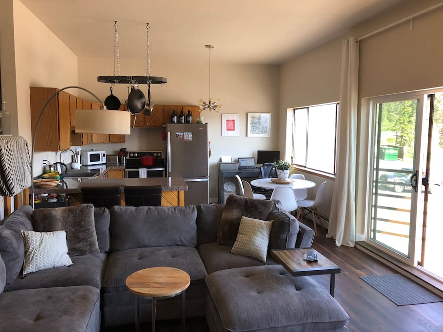 open living/kitchen/dining