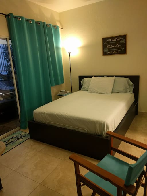 The studio apartment has one queen bed, new in June 2018.
