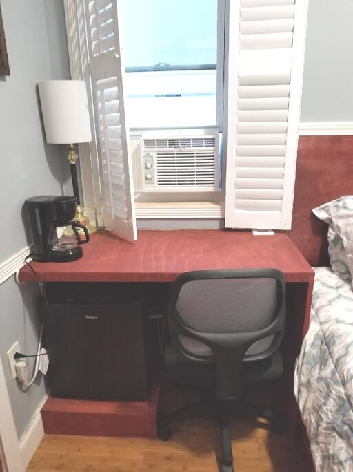 Desk with Mini Fridge and Coffee Maker