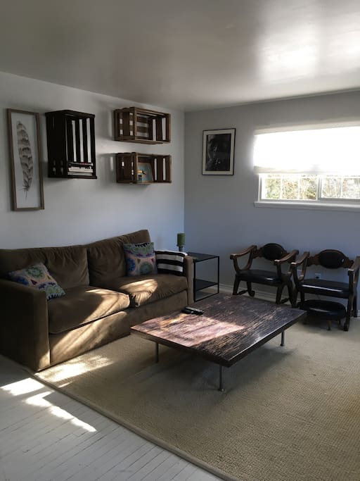 Sun filled front room. Comfy velvet couch and oversized rug. Tons of seating.