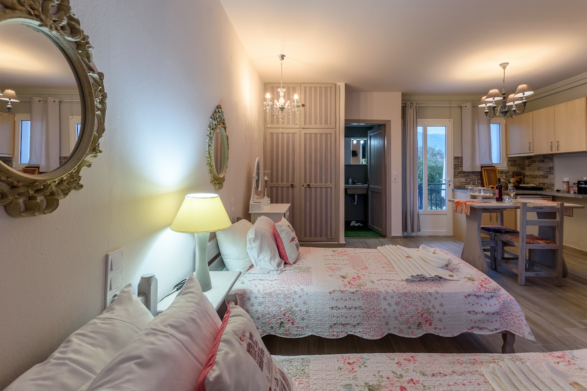 A spacious studio features two single beds dressed in floral bedding, illuminated by soft lighting. Decorative mirrors adorn the walls, and wooden cabinetry provides storage. A kitchenette and dining area are visible in the background, with doorways leading to natural light from outside.