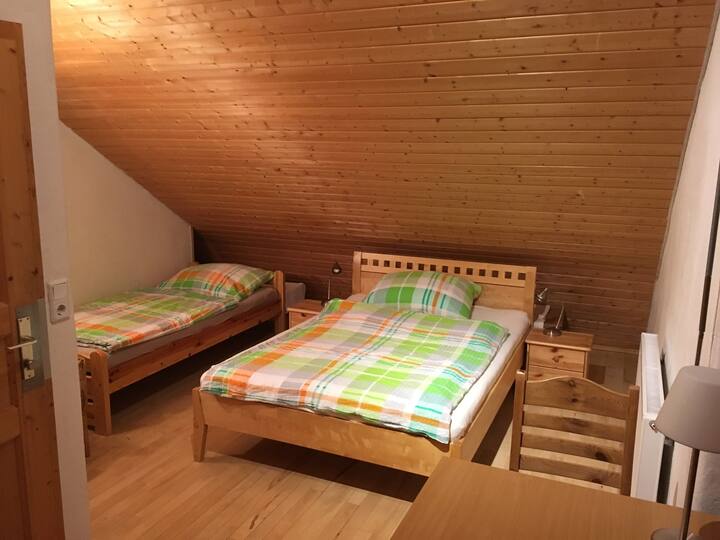 Schlafzimmer mit 1 Queensize-Bett und einem Einzelbett
