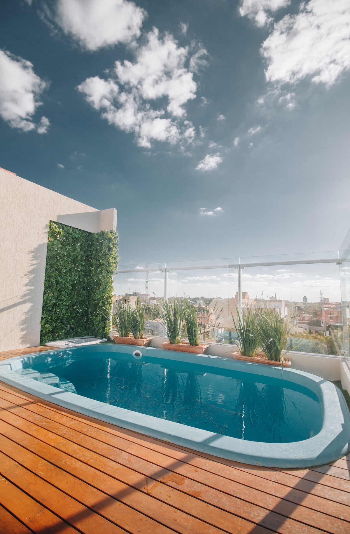 The rooftop pool features a refreshing blue hue surrounded by wooden decking. Lush greenery is displayed in planters along the edge, complementing the urban skyline visible in the background under a bright sky with scattered clouds.