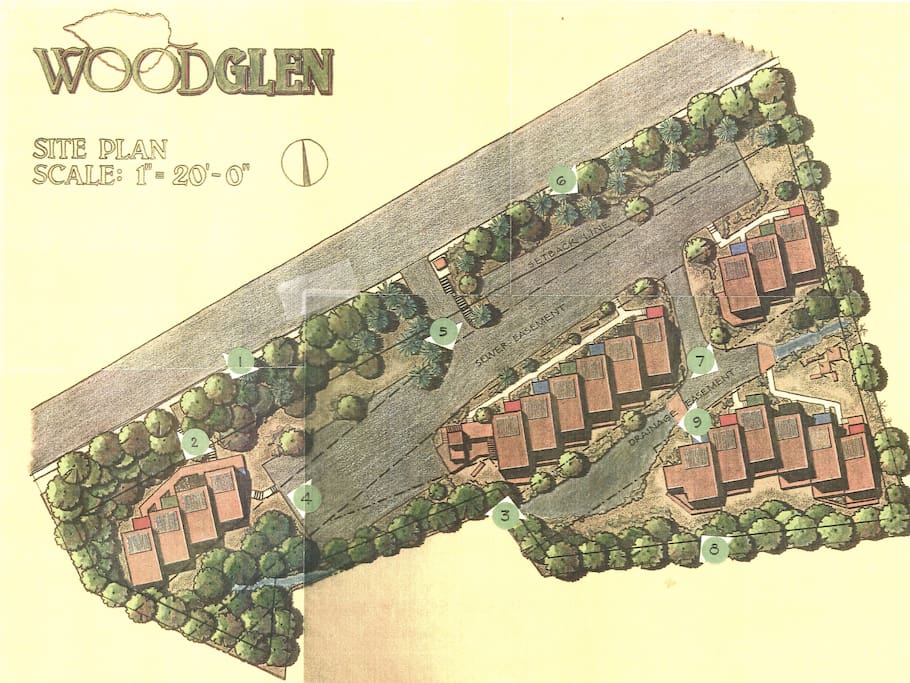 Site Plan of WoodGlen. Unit F is Second From the Left in the Middle Group